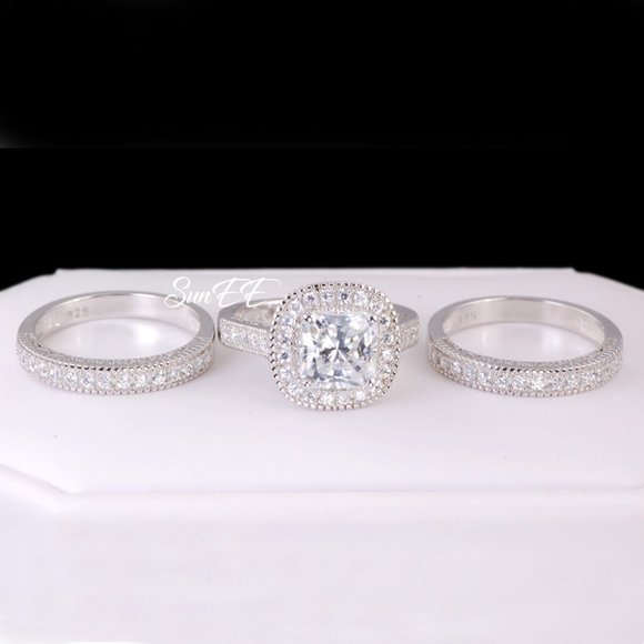 New 925 Halo Cushion Cut Wedding Rings Engagement Ring Set - Picture 3 of 5